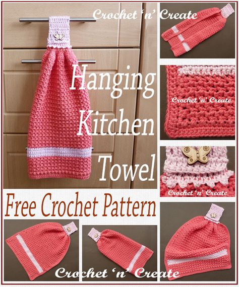 Crochet Hanging Kitchen Towel - A lovely kitchen towel pattern that is crocheted in a soft light worsted cotton yarn. You can hang it anywhere in your kitchen as it is made with a buttoned strap at the top of the towel. Find the free crochet pattern in UK and USA format by scrolling down the page. Crochet Hanging Kitchen Towel Free Pattern, Crochet Towels, Crochet Dish Towels, Towel Toppers, Crochet Towel Topper, Crochet Kitchen Towels, Kitchen Crochet, Crochet Scrubbies, Yarn Creations