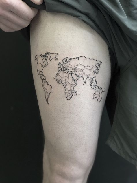 World Map Tattoo Thigh, Geometric Map Tattoo, World Map Tattoo Back, World Tattoo Men, World Map Tattoo Sleeve, World Map Tattoo Men, Earth Map Tattoo, Male Thigh Tattoo, Travel Map Tattoo