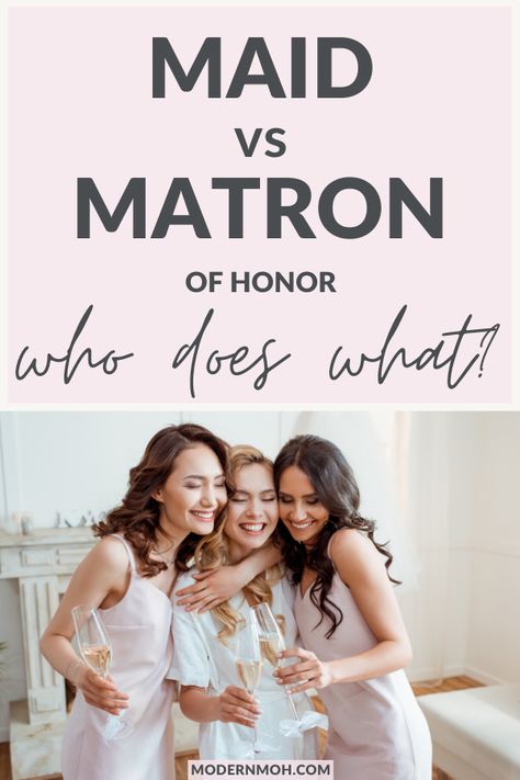 Maid of honor vs matron of honor duties: what's the difference? Can there be a maid and matron of honor? If so, who does what? Find the answers to these questions and more! #maidofhonor #matronofhonor #maidofhonorduties #ModernMOH Maid Of Honor And Matron Of Honor, Matron Of Honor Hairstyles, Matron Of Honor Duties, Maid And Matron Of Honor, Matron Of Honor Dresses, Maid Of Honor Responsibilities, Maid Of Honor Duties, Maid Of Honor's Outfit, Large Bridal Parties