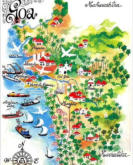 Daak on Instagram: “As Goa opens its borders for tourists once again, here's a map illustrated lovingly by Mario Miranda. Image: mariodemiranda.com #goan…” Goa Map, Mario Miranda, Indian Tourism, Travel India Beautiful Places, Goa Travel, India Travel Places, India Travel Guide, Travel Journal Scrapbook, India Facts