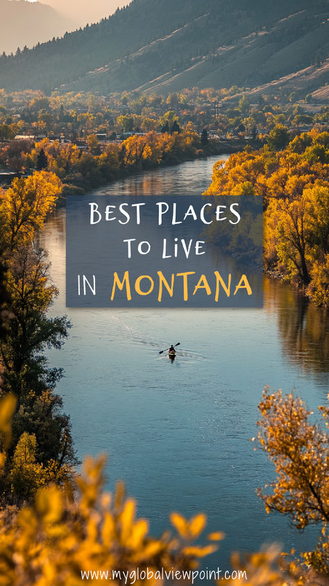 A kayaker paddles down a tranquil river surrounded by autumn-colored trees and rolling hills in Montana, creating a picturesque and serene landscape in one of the best places to live in Montana. Best Mountain Towns To Live In, Moving To Montana, Boseman Montana, Houses In Montana, Montana Core, Montana Landscaping, Montana Views, Things To Do In Montana, Montana Aesthetic