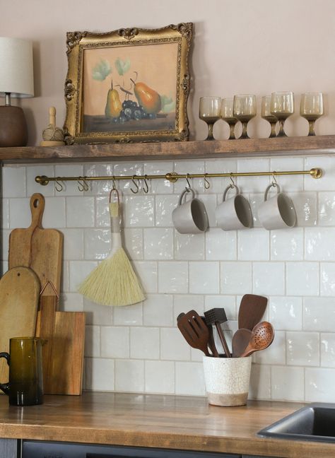 The Loft Kitchen Before & After! Blue Accents Kitchen, Anthropology Kitchen, Artwork In Kitchen, Cafe Style Kitchen, Blue Accent Kitchen, Philly Apartment, Cottage Kitchen Tiles, 2023 Board, Kitchen 2023