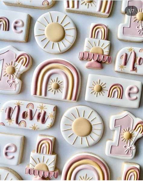 1st Birthday Royal Icing Cookies, Rainbow First Birthday Cookies, Boho Rainbow Birthday Cookies, First Year Around The Sun Birthday Cookies, Sunshine Cookies Royal Icing, Pink Rainbow Cookies, Little Miss Onederful Cookies, Boho Sun Cookies, Boho Rainbow Cookies First Birthday