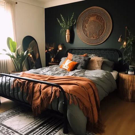 Orange Black And Green Bedroom, Boho Bedroom Dark Green, Green And Bronze Bedroom, Green Bedroom Black Bed, Brown Black And Green Bedroom, Green Bedroom Black Furniture, Dark Moody Boho Bedroom, Dark Green And Orange Bedroom, Black White Green Bedroom