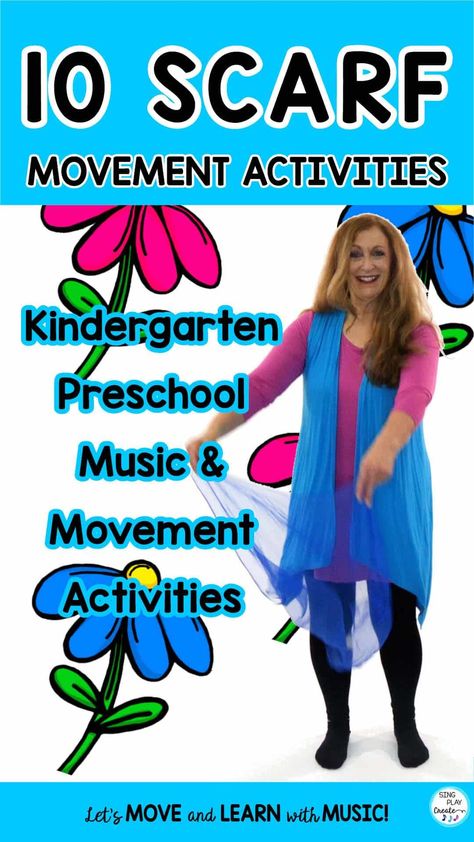 10 Scarf Movement Activities for preschool and kindergarten music time. Read the post by Sing Play Create with the 10 scarf activities. Music Gross Motor Activities, Scarf Music And Movement, Music For Preschoolers Lesson Plans, Scarf Movement Activities, Music And Movement Kindergarten, Scarf Dance Preschool, Preschool Scarf Activities, Preschool Learning Songs, Music Class Ideas For Preschool