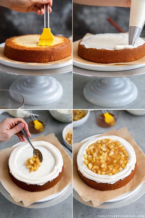 Apple Cider Layer Cake - The Little Epicurean Apple Filled Cake, Apple Cake Birthday, How To Layer Cakes With Filling, Apple Cake Filling Recipes, Apple Cake Decoration Ideas, How To Assemble A Layer Cake, Apple Layer Cake Recipe, Layer Cake Filling Ideas, Apple Filling For Cake