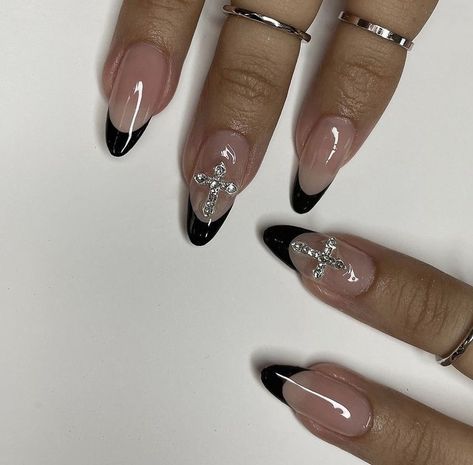 cross accent black french tip nails Grunge Y2k Nails Almond, Rhinestone Cross Nails, Black Douyin Nails, Quince Nails, Classy Acrylic, Cross Nails, Kutek Disney, Unghie Sfumate, 2023 Nails