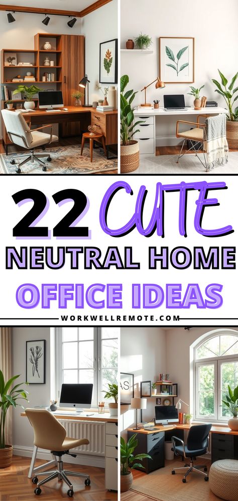 Transform your workspace with neutral home office ideas that bring serenity and style. A minimalist home office paired with soft tones creates a productive yet peaceful environment, ideal for a dream house interior. Small Office With Standing Desk, Office Ideas At Home, Earthy Office Aesthetic, Videographer Office Ideas, Relaxing Home Office Space Ideas, Taupe Office Walls, White Home Office Ideas For Women, Minimalist Office Decor Ideas, Warm Office Decor