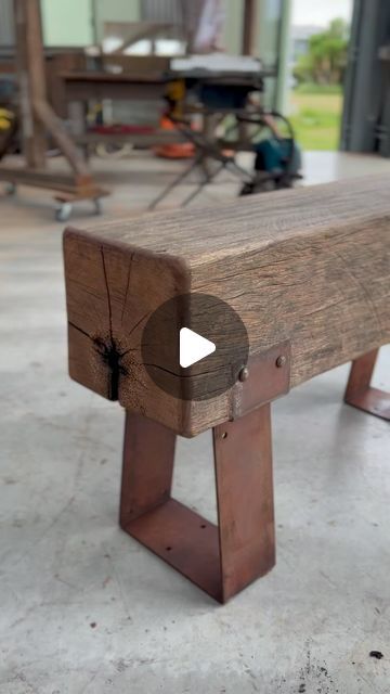 Rustico - Recycled Carpentry on Instagram: "For the wood and metal lovers: Take a look at this beautiful bench design. Crafted from chunky pieces of wood (from old rail bridges), recycled heavy-duty metal, and old-school bolts, creating a truly unique piece. It was a lot of fun to create this personalized item.  What are your thoughts on this piece? Leave us a comment.  #recycledmaterial #hardwood #rustic #rusticdecor #handmade #customdesign #rusticfurniture #reuse #reusedmaterials" Old Antique Furniture, Old Barn Wood Ideas, Diy Rustic Bench, Metal And Wood Bench, Floating Tv Unit, Handmade Wood Furniture, Old Benches, Bench Design, Floating Tv