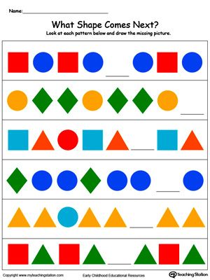 **FREE** What Colorful Shape Comes Next? Worksheet.Your child will learn to recognize and complete patterns by identifying next picture, color, size and shape in this printable worksheet. Shape Patterns Preschool, Patterns With Shapes, Kindergarten Patterns, Pattern Kindergarten, Pattern Preschool, Preschool Pattern Activities, Patterns Worksheet, Pattern Worksheets For Kindergarten, Printables Preschool