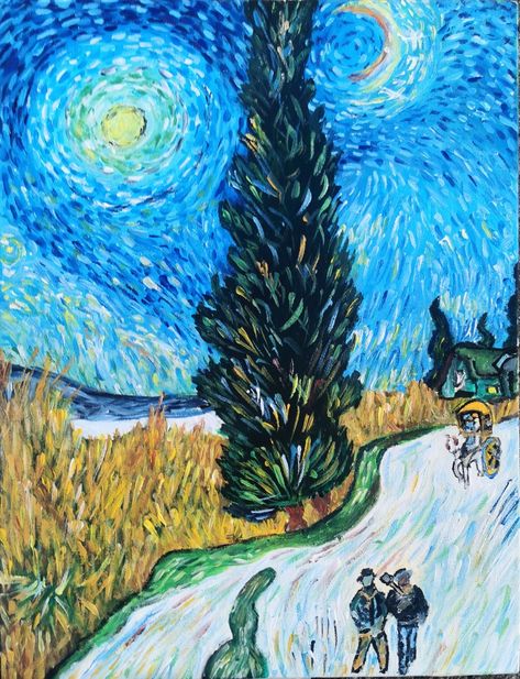 Road with Cypress and Star (Dutch: Cypres bij sterrennacht), also known as Country Road in Provence by Night, is an 1890 oil-on-canvas painting by Dutch post-Impressionist painter Vincent van Gogh. It is the last painting he made in Saint-Rémy-de-Provence, France.[1] The painting is part of the large van Gogh collection of the Kröller-Müller Museum, located in the Hoge Veluwe National Park at Otterlo in the Netherlands. Road With Cypress And Star, Popular Paintings, Van Gogh Art, Cypress Trees, Grade 5, Vincent Van, Vincent Van Gogh, Van Gogh, Starry Night