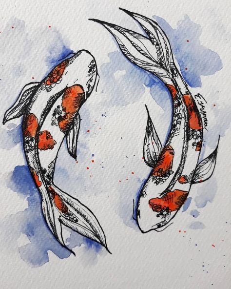 Easy Watercolor Pencil Art, Koi Fish Watercolor Easy, Sketchbook Ideas Fish, Fish Art Watercolor, Koi Fish Ink Drawing, Coi Fish Watercolor Painting, Colored Pencil Fish Drawing, Coy Fish Watercolor, Koi Fish Drawing Watercolors