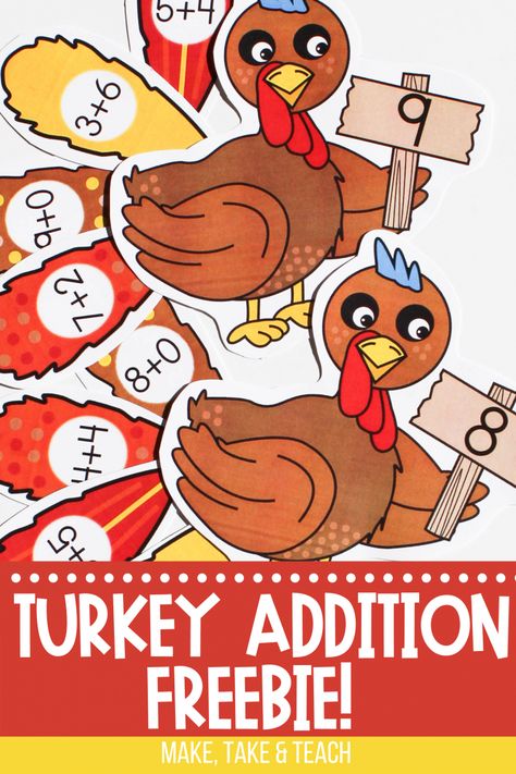 Thanksgiving Turkey Activities Math Freebie Thanksgiving Addition Kindergarten, Thanksgiving Math First Grade, Turkey Math Activities, Addition Activities Kindergarten, Thanksgiving Math Games, Turkey Activities, Thanksgiving Math Centers, Thanksgiving Addition, Kindergarten Stations