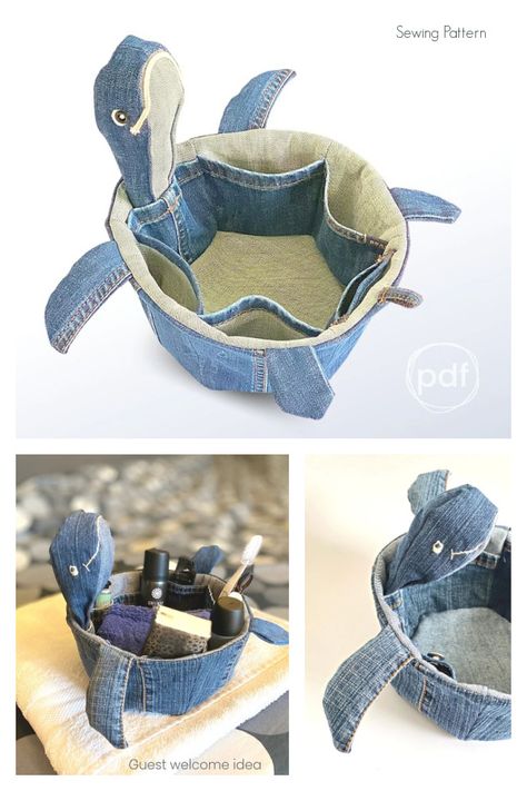 Unique Fabric Turtle Basket Sewing Pattern Basket Sewing Pattern, Återvinna Jeans, Pinterest Kitchen, Unique Sewing Projects, Denim Crafts Diy, Cute Sewing Projects, Fabric Sewing Patterns, Sew Ins, Decoration Kitchen