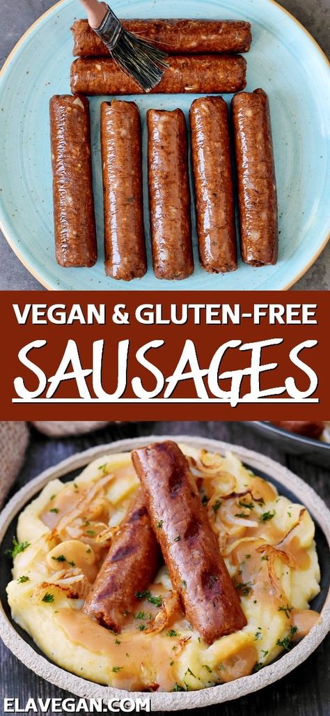 These delicious, wholesome, vegan sausages are the perfect addition to a mid-week meal, BBQ, or potluck. With a soft and flavorful interior and slightly crisp exterior, this vegan Italian sausage is sure to leave an impression. Plus, this recipe is meat-free, gluten-free, dairy-free, low-fat, plant-based, and can be made nut-free, too, if preferred! #vegansausage #vegansausages #vegetariansausages #bratwurst | elavegan.com Plant Based Sausage Recipe, Plant Based Potluck Recipes, Dijetalni Recepti, Tofu Homemade, Vegan Italian Sausage, Vegan Sausage Recipe, Vegan Meat Recipe, Gluten Free Sausage, Seitan Recipes