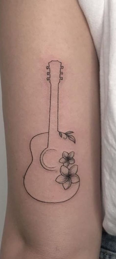 Guitar Aesthetic Tattoo, Guitar Silhouette Tattoo, Musician Memorial Tattoo, Guitar Small Tattoo, Dainty Music Note Tattoo, Guitar Tattoo With Flowers, Guitar And Flowers Tattoo, Nashville Tattoo Ideas Country Music, Small Guitar Tattoo For Women