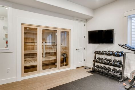 Basement Gym And Lounge, Basement En Suite, Finished Basement With Gym, Finished Basement Workout Room, Sauna Basement Ideas, Basement Luxury Ideas, Finished Basement Gym Ideas, Finished Walkout Basement Ideas, Elegant Basement Ideas