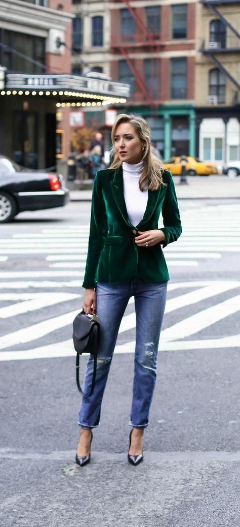 green velvet blazer, classic white turtleneck, distressed boyfriend jeans, timeless pointy toe heels, black and gold braid belt, rhinestone satin ribbon hair bow barrette Velvet Jacket Outfit, Green Velvet Coat, Velvet Blazer Outfit, Outfit Mit Blazer, Dinner Jackets, Green Velvet Blazer, Blazer Outfits For Women, Velvet Coat, Blazer Outfit