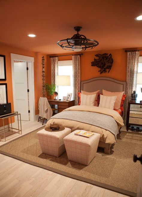 Love the fan light fixture. Tour of the HGTV Dream Home 2016 - In My Own Style Orange Bedroom Walls, Burnt Orange Bedroom, Orange Bedroom Decor, Orange Rooms, Orange Bedroom, Living Room Orange, Hgtv Dream Home, Bedroom Orange, Brown Bedroom