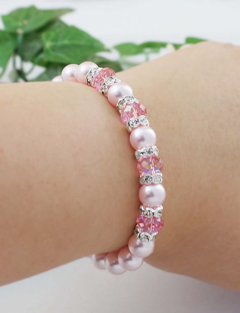 Wedding Bridal Jewelry Bridesmaid Bracelet by earringsnation Adjustable Pink Beaded Bracelets For Wedding, Adjustable Pink Bracelets For Wedding, Personalized Pink Beaded Bracelets For Wedding, Pink Heart-shaped Wedding Bracelets, Handmade Pink Crystal Bracelet For Wedding, Homemade Bracelets, Crystal Bead Jewelry, Pearl Necklace Designs, Bracelets Handmade Diy