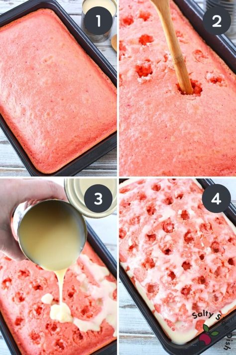 Strawberry Poke Cake with Sweetened Condensed Milk | Side Dishes Poke Cake With Condensed Milk, Cake Sweetened Condensed Milk, Strawberry Cake Mix Recipes, Cake With Condensed Milk, Strawberry Poke Cake, Strawberry Sheet Cakes, Sweetened Condensed Milk Recipes, Strawberry Crunch Cake, Strawberry Poke Cakes