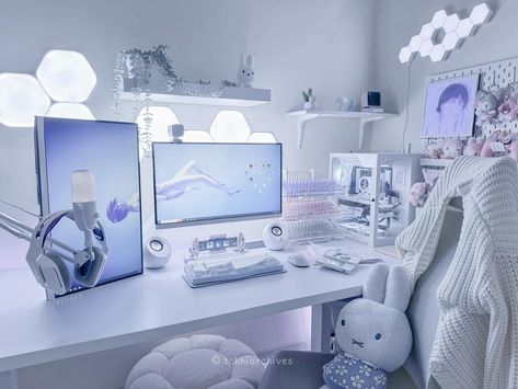 Room Decor Bedroom Blue, White Setup, Aesthetic Cybercore, Desk Idea, Games Room Inspiration, Tell Me Something, Study Desk Decor, Gamer Room Decor, Feeling Sleepy