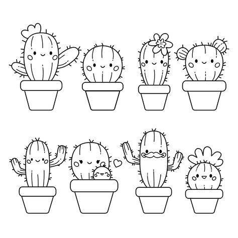 Download the Cute kawaii set of cactus in flowerpots. Coloring page. Hand drawn doodle plants. Cartoon cactus for coloring book. Vector illustration. 11084308 royalty-free Vector from Vecteezy for your project and explore over a million other vectors, icons and clipart graphics! Cute Plant Coloring Pages, Clip Art Cactus, Cactus Coloring Page Free Printable, Plant Coloring Pages Free Printable, Cartoon Cactus Drawing, Cute Plant Doodles, Succulent Coloring Page, Plant Drawings Simple, Cute Cactus Drawing