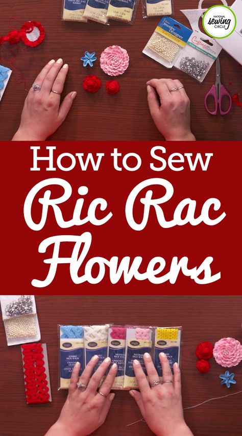 Ric Rac doesn’t have to be used only as a trim or sewn on in a straight line, rather it can be folded, twisted and wound into beautiful little flowers. Learn how to make a ric rac flower several different ways to use as an embellishment on your next project- Ashley Hough shows you how. Rick Rack Flowers, Sewing Circles, Beginner Sewing Projects Easy, Sewing Projects For Kids, Rick Rack, Ric Rac, Pattern Ideas, Sewing Projects For Beginners, Love Sewing