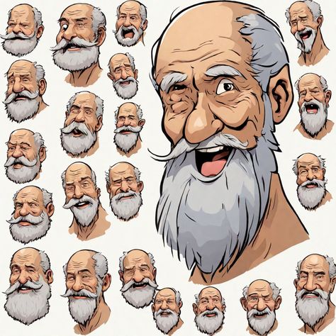 Cartoon Beard Drawing, Old Man Beard Drawing, Old Man With Beard Drawing, How To Draw An Old Man, Chibi Old Man, Old Man Drawing Character Design, Face Logo Illustration, Old Man Cartoon Drawing, Beard Reference Drawing