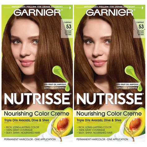 Nutrisse shade 53 Medium Golden Brown (Chestnut) permanent hair color has radiant, golden tones adding warmth to your medium brown and nourishment while it colors and adapts to all hair textures for long lasting, even color and 100% gray coverage [ad] Affiliate Disclosure: This link is affiliate link. This means that, at zero cost to you, I will earn some affiliate commission if you click through the link and finalize a purchase. Garnier Nutrisse Hair Color, Garnier Hair Color, Hair Dye Shades, Medium Golden Brown, Clairol Natural, Clairol Natural Instincts, How To Dye Hair At Home, Golden Brown Hair Color, Golden Brown Hair