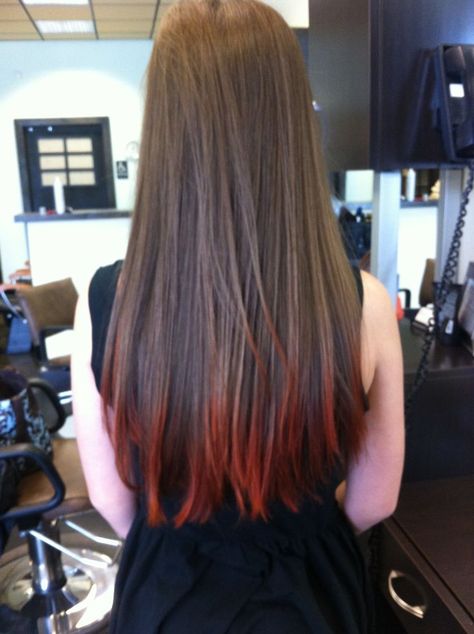 Red tips on brown hair. Fun! Red Dip Dye Hair Brown, Red Tips On Brown Hair, Red Ends On Brown Hair, Red Dip Dye Hair, Layered Hairstyles With Bangs, Red Hair Tips, Long Layered Hairstyles, Red Tips, Hair Change