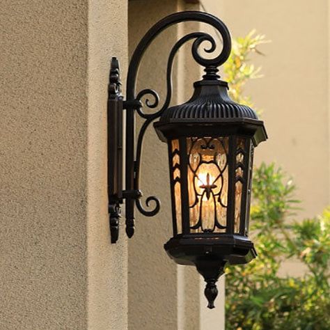 European Outdoor Carved Cage Aluminum Glass 1-Light Wall Sconce Lamp Mexican Lamps, Vintage Lamp Aesthetic, Outside Lights, Outdoor Wall Light Fixtures, Red Front Door, Outdoor Wall Mounted Lighting, Exterior Light Fixtures, Patio Fence, Vintage Wall Lights