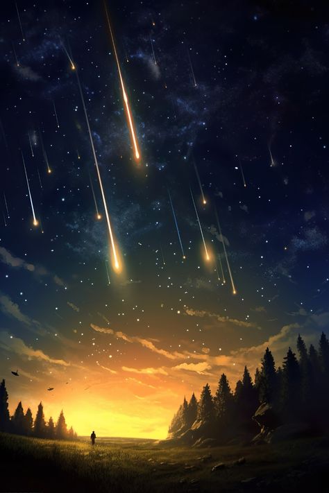 Night Sky Fantasy Art, Fantasy Sky Painting, Stars Landscape Night Skies, Night Sky Drawing Digital, Woods At Night Painting, Paintings Of Stars, Night Forest Drawing, Night Sky Reference, Forest At Night Painting