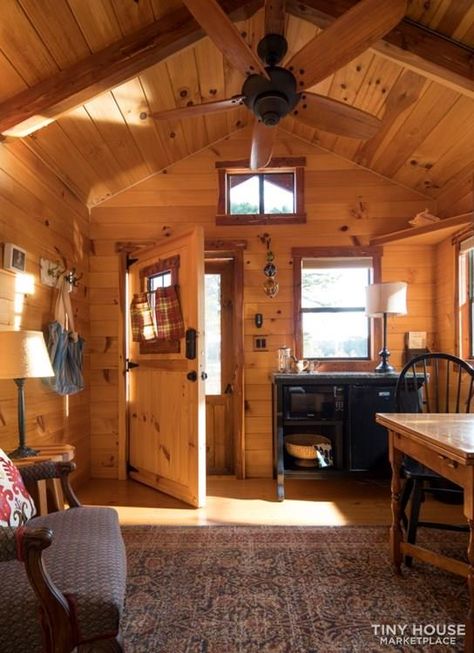 Amish-Built Tiny Log Cabin (For Sale) Tiny Cabins Interiors, Yard Office, Tiny Log Cabins, Tiny Log Cabin, Rustic Tiny House, Log Cabins For Sale, Shed Cabin, Log Cabin Interior, Tiny House Talk