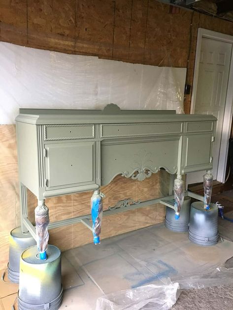 Olive Green Painted Antique Buffet Green Buffet Sideboard, Olive Green Buffet Cabinet, Green Buffet Table, Green Buffet Cabinet, Buffet Cabinet Diy, Green Painted Sideboard, Antique Green Paint, Painted Sideboard Ideas, Painted Buffet Ideas