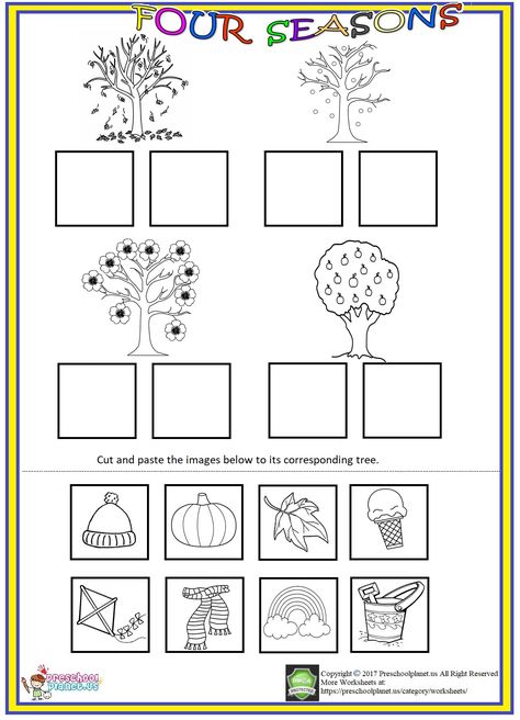 cut and paste seasons worksheet for kindergarten and preschool kids Season Worksheets For Preschool, Seasons Worksheets Preschool, Season Worksheets For Kids, Seasons For Kindergarten, Seasons Activities For Kids, Four Seasons Preschool, Seasons Worksheets For Kindergarten, Kindergarten Seasons, Season Worksheet