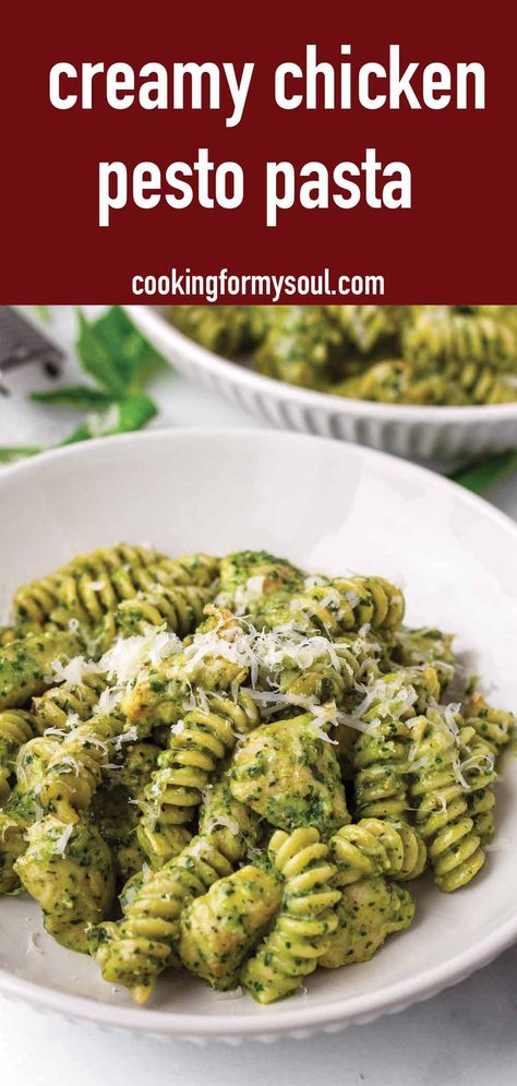 Chicken Pesto Pasta! This creamy chicken pesto pasta is so comforting and packed with fresh basil pesto flavors. The chicken is seasoned and so tender. It's the perfect weeknight dinner. Chicken Pesto Pasta Recipes, Crockpot Pesto Chicken, Basil Pesto Chicken Pasta, Creamy Chicken Pesto Pasta, Pesto Orzo, Pesto Pasta Recipes Chicken, Fresh Basil Pesto, Basil Pesto Chicken, Creamy Pesto Chicken Pasta