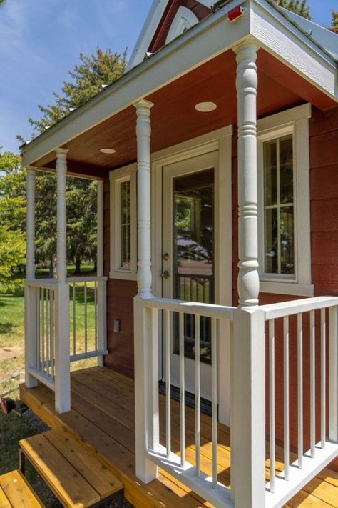 Tiny House Porch Ideas, 2 Bedroom Tiny House, Tiny House Porch, Apartment Refrigerator, Bedroom Tiny House, House Porch, Large Vanity, Porch Area, Sleeping Loft