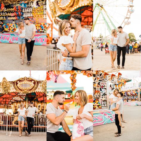 Carousel Couple Pictures, Amusement Park Prenup, Festival Engagement Photos, County Fair Family Photoshoot, Ferris Wheel Engagement Photos, State Fair Photoshoot Couple, Carnival Mini Sessions, Fair Photography Couples, Engagement Photos Carnival