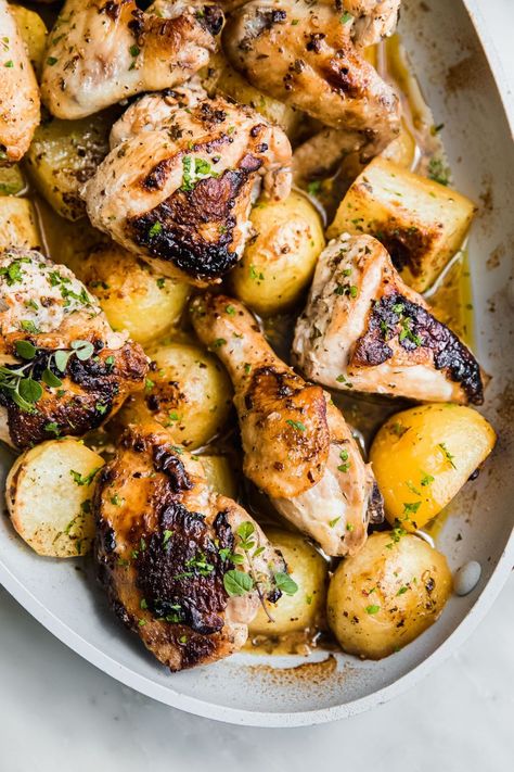 One Pan Greek Chicken and Potatoes Recipe | Little Spice Jar Lemon Greek Chicken, One Pan Greek Chicken, Sweet Baby Rays Bbq Sauce, Oregano Recipes, Greek Chicken And Potatoes, Greek Lemon Potatoes, Salad Appetizer Cups, Chicken With Lemon, Crockpot Chicken Breast