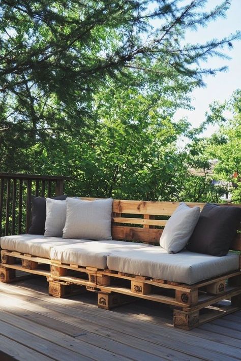 "Relax in style with a DIY Outdoor Pallet Sofa! 🛠️🌿 Perfect for creating a cozy and eco-friendly seating area in your garden or patio. 🌟✨ #DIYPalletSofa #OutdoorFurniture #EcoFriendlyDecor" Pallet Couches Indoor, Outdoor Couch Diy Pallets, Diy Outdoor Furniture With Pallets, Outside Seating Area Diy, Pallet Outdoor Furniture Diy, Pallet Benches Outdoor, Diy Wood Couch Indoor, Outdoor Wood Sofa, Small Backyard Seating Ideas