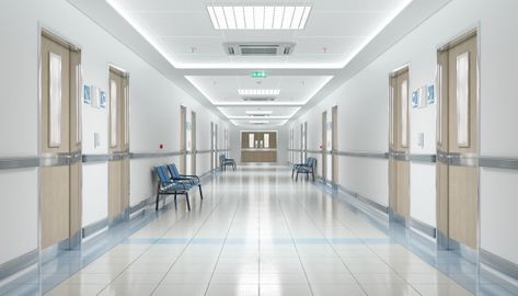 Long hospital corridor with empty seats ... | Premium Photo #Freepik #photo #building #hospital #clinic #empty Anime Hospital, Hospital Hallway, Gacha Backgrounds Outside, Modern Hospital, Hallway Corridor, Episode Interactive Backgrounds, Episode Backgrounds, Hospital Interior, Hospital Room