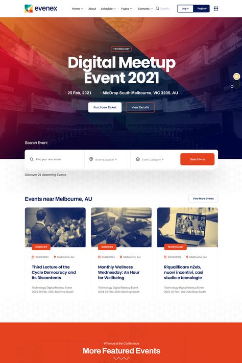 Evenex comes with the most powerful Elementor drag drop visual page builder and ElemeentsKit’s most advanced elementor addons. Events Web Design, Events Website Design, Event Website Design, Landing Page Web Design, Event Agenda, Events Theme, E Ticket, Event Tech, Event Website