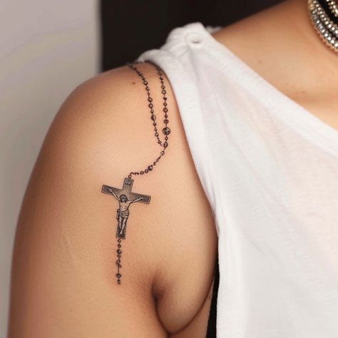 Dynamic Rosary Tattoo Flash Chief Tattoo For Women, Blessed Mary Tattoo, Hand Template For Tattoo, Our Lady Of Guadalupe Tattoo Design, Spanish Heritage Tattoo, Bead Tattoos For Women, Cross Necklace Tattoo On Hand, Rosary Back Tattoo, Center Collar Bone Tattoo