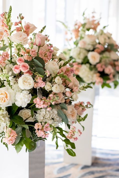 Wedding Ceremony Flower Pedestal, Carnation Flower Wedding Decor, Blush And White Floral Arrangements, Pink White Green Floral Centerpieces, Wedding Florals White And Blush, Blush Pink Floral Arrangements, Wedding Ceremony Ideas Indoor Aisle Decorations, Pink Floral Arrangements Wedding, Pink Flower Arrangements Wedding