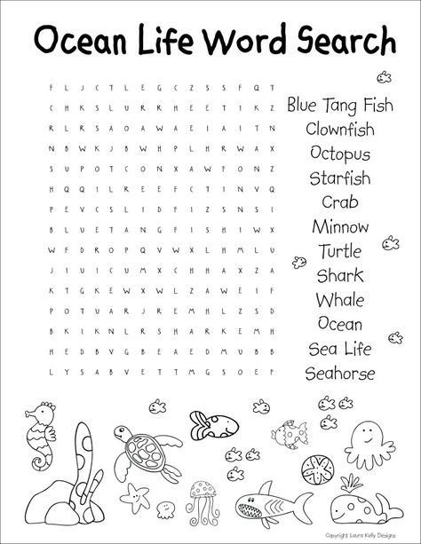 Ocean Life Wordsearch Laura Kelly Ocean Themed Reading Activities, Ocean Worksheets For 2nd Grade, Ocean Worksheets Kindergarten, Ocean Theme Worksheets, Ocean Word Search, Ocean Worksheets, Ocean Games, Sea Life Aquarium, Ocean Words