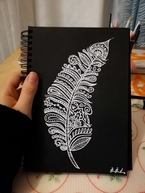 Black Sketch Book Cover Ideas, White Charcoal Drawing On Black Paper Easy, Black Page Art, Gel Pen Drawings, Diy Notebook Cover, Diary Cover, Boho Art Drawings, Black Paper Drawing, Mandala Art Therapy