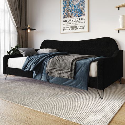 Wade Logan® Birydiana Upholstered Daybed & Reviews | Wayfair Modern Daybed Room Ideas, Day Bed Living Room Ideas, Day Bed Guest Room, Daybed Guest Room, Home Office With Daybed, Office With Daybed, Daybed In Living Room, Queen Daybed, Black Daybed