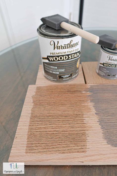 Varathane carbon gray on Oak wood Varathane Carbon Gray Stain, Stained Wood Stairs, Finishing Stairs, Minwax Polyshades, Stain Furniture, Sealing Wood, Varathane Stain, Staining Wood Floors, Weathered Grey Stain