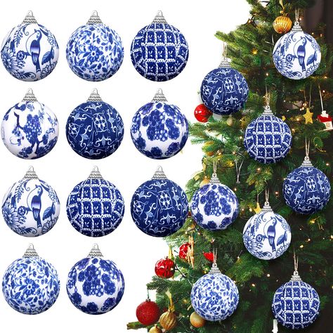 PRICES MAY VARY. Chinoiserie Original Design: immerse your holiday decor in the timeless beauty of chinoiserie artistry, these 12 exquisite chinoiserie Christmas ornaments feature an enchanting blue and white pattern, inspired by the traditional motifs of East Asian design; Indulge in a touch of sophistication that will elevate your Christmas decorations to a different level of elegance Quality Materials: these Chinese Christmas ornaments are made with quality foam and covered in polyester fabri Christmas Blue And White, Blue Willow Decor, Chinoiserie Ornaments, Chinese Christmas, Chinoiserie Fabric, Chinoiserie Christmas, Blue Christmas Decor, Ornaments Christmas Tree, Blue And White Chinoiserie